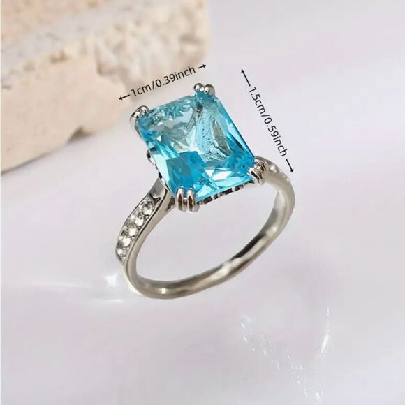 🩵 NEW sea blue CZ STUNNING princess cut ring 🩵 - Picture 2 of 5